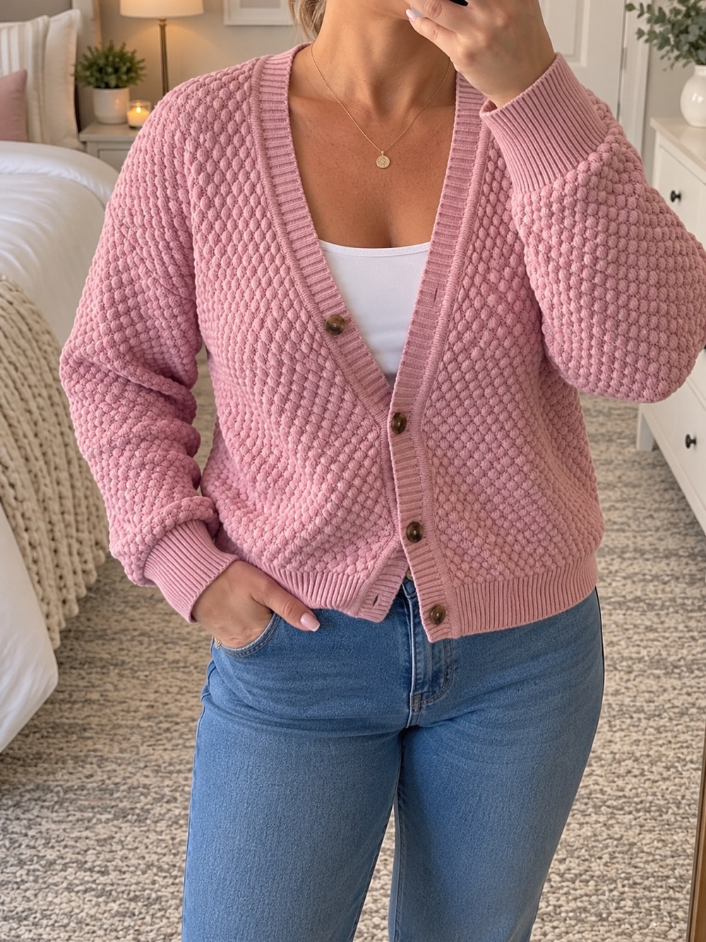 Levi's Pink Bubble-Knit V-Neck Button Cardigan
